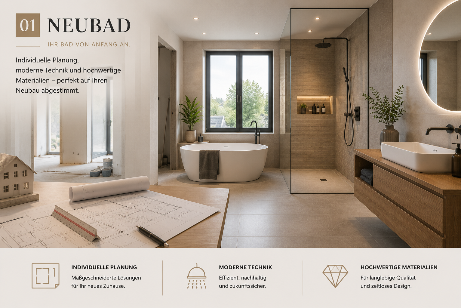 Neubad mit moderner Badplanung Modernes Neubad mit freistehender Badewanne, bodengleicher Dusche, Waschtisch und hochwertiger Sanitärplanung.