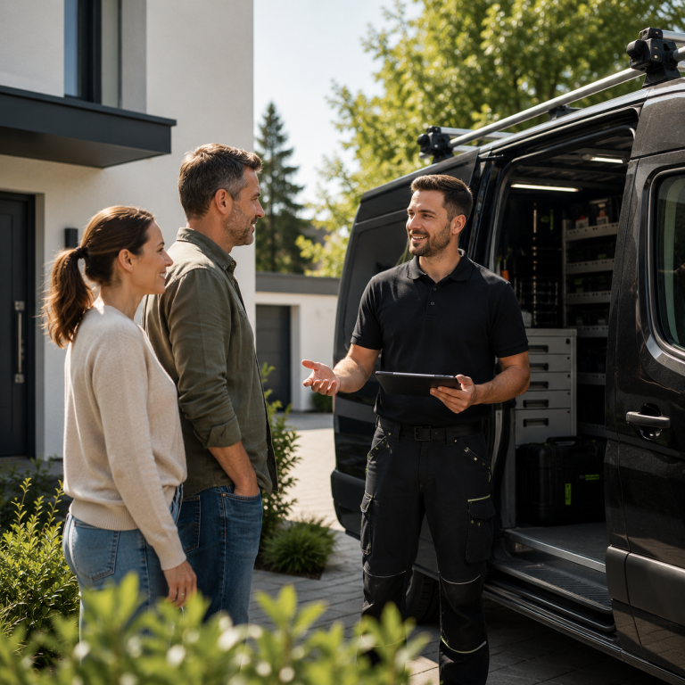 Persönlicher Service durch Maiwald Servicetechniker im Gespräch mit Kunden vor dem Wohnhaus für Beratung, Wartung und zuverlässigen technischen Service.