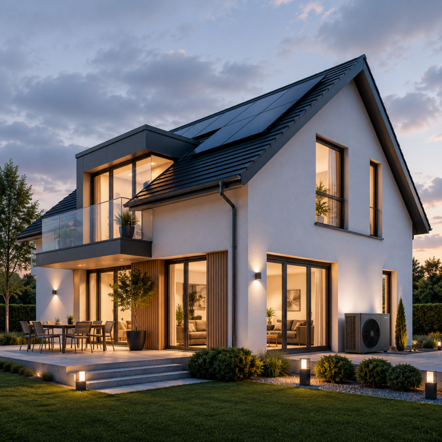 Einfamilienhaus mit moderner Heiz- und Energietechnik Modernes Einfamilienhaus mit Wärmepumpe und Photovoltaik als Beispiel für effiziente und nachhaltige Gebäudetechnik.