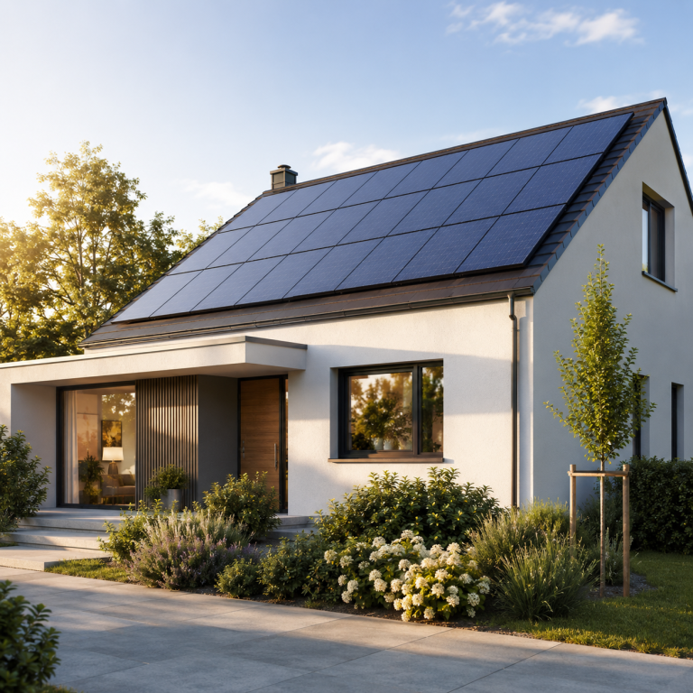 Großflächige Photovoltaikanlage auf dem Dach eines modernen Einfamilienhauses zur Erzeugung von eigenem Solarstrom.