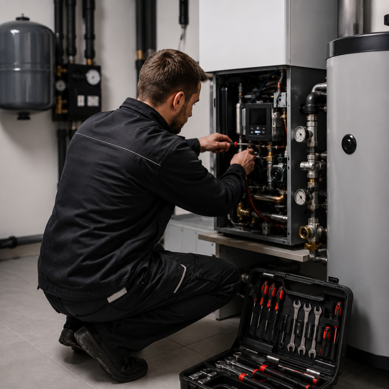 Servicetechniker bei der Wartung und Reparatur einer Heizungsanlage mit Werkzeug und moderner Anlagentechnik.