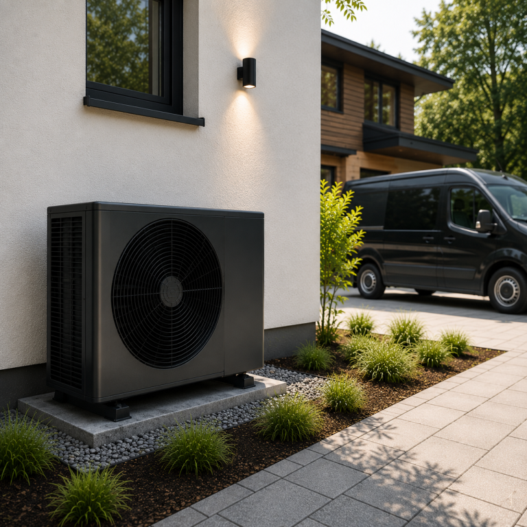 Moderne Wärmepumpe am Einfamilienhaus Moderne Luft-Wasser-Wärmepumpe neben einem Einfamilienhaus als effiziente Heizlösung für zeitgemäße Gebäudetechnik.