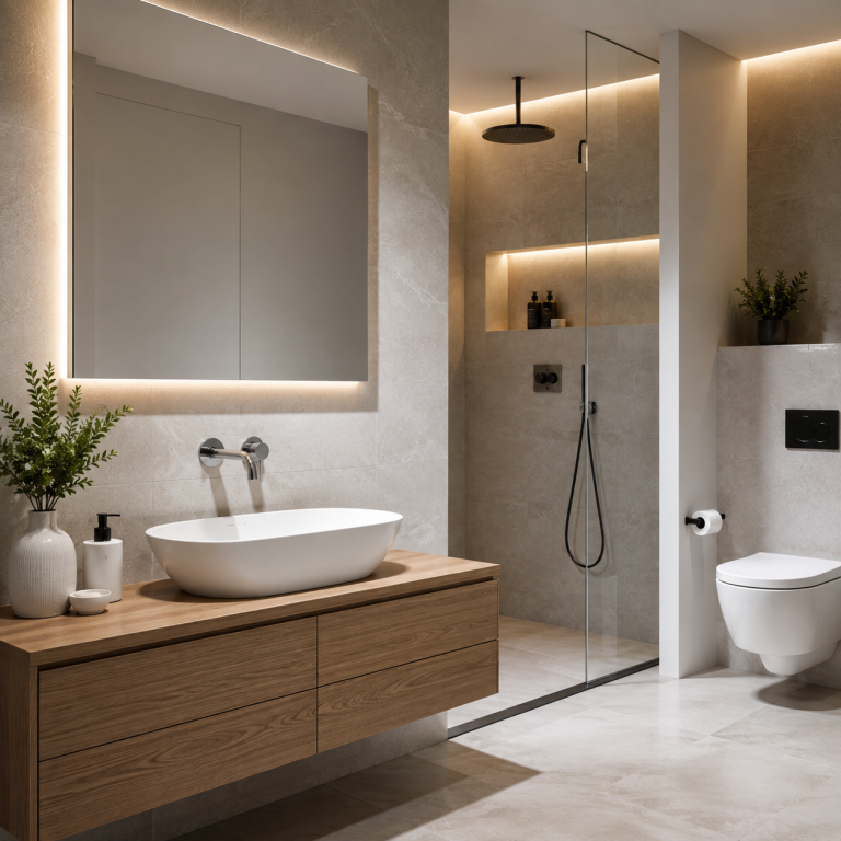 Modernes Badezimmer mit Waschtisch, bodengleicher Dusche und WC als Beispiel für hochwertige Sanitär- und Badlösungen.