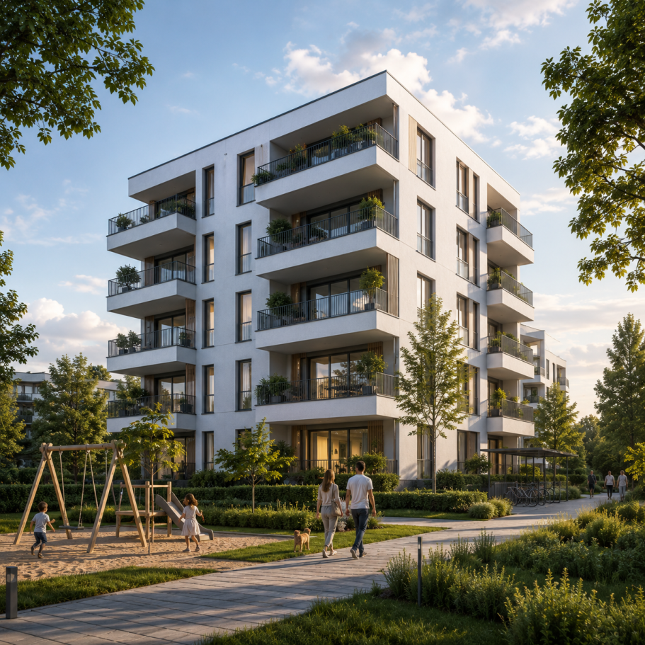 Mehrfamilienhaus mit moderner Gebäudetechnik Modernes Mehrfamilienhaus als Beispiel für zuverlässige Heizungs-, Sanitär- und Energielösungen im Wohnungsbau.