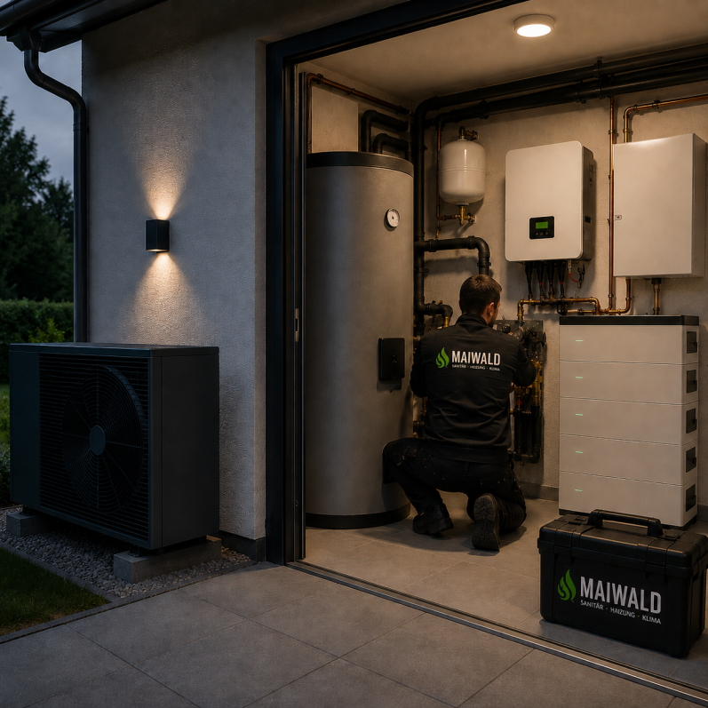Maiwald Wärmepumpen-Service mit moderner Heiztechnik Maiwald Servicetechniker arbeitet an einer modernen Wärmepumpenanlage mit Speicher, Hydraulik und Außengerät.