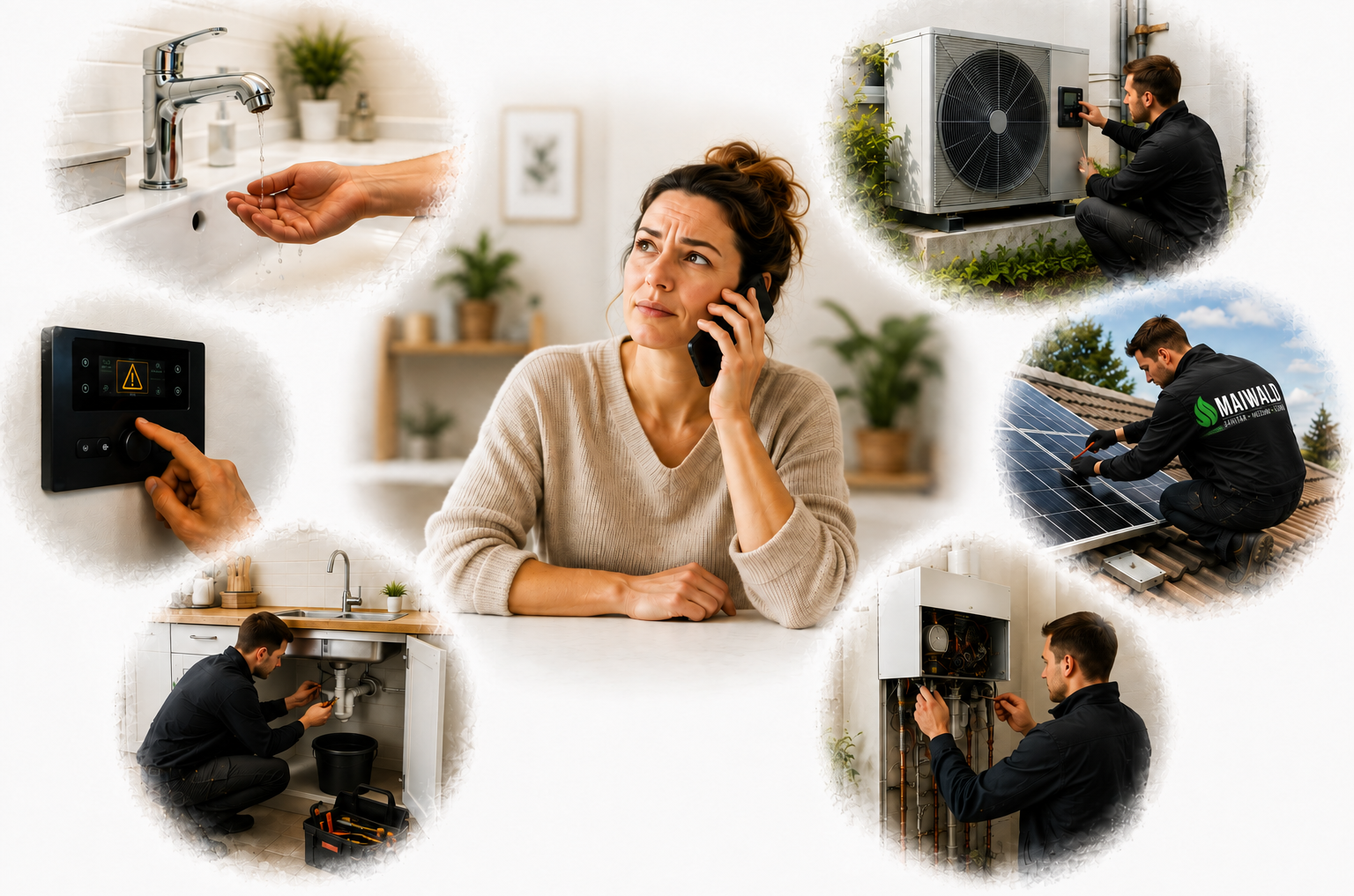 Maiwald Service für Heizung, Wärmepumpe, Photovoltaik und Sanitär Kundin ruft den Maiwald Service wegen Störungen an Heizung, Wärmepumpe, Photovoltaik oder Sanitäranlage.