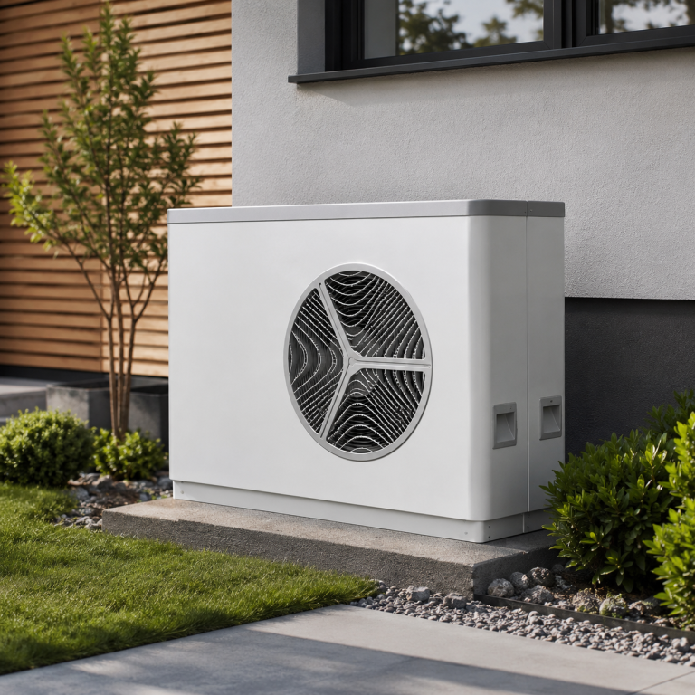 Moderne Luft-Wasser-Wärmepumpe neben einem Einfamilienhaus als effiziente Lösung für zeitgemäße Heiztechnik.