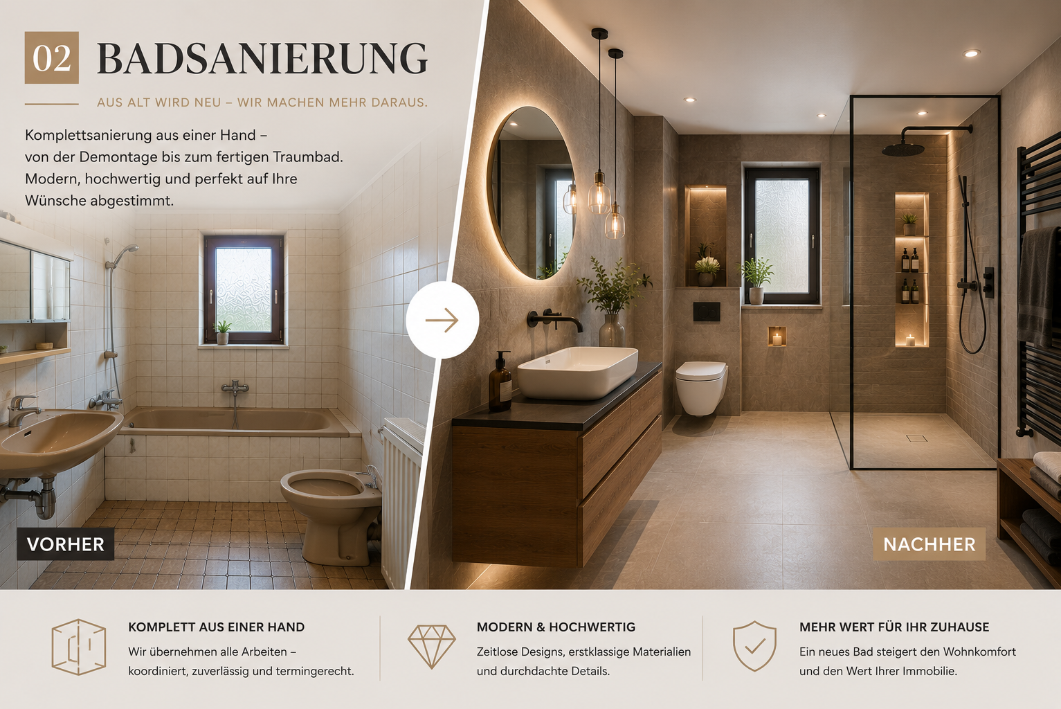 Badsanierung im Vorher-Nachher-Vergleich Vorher-Nachher-Vergleich einer Badsanierung vom alten Badezimmer zum modernen Bad mit Dusche, Waschtisch und WC.